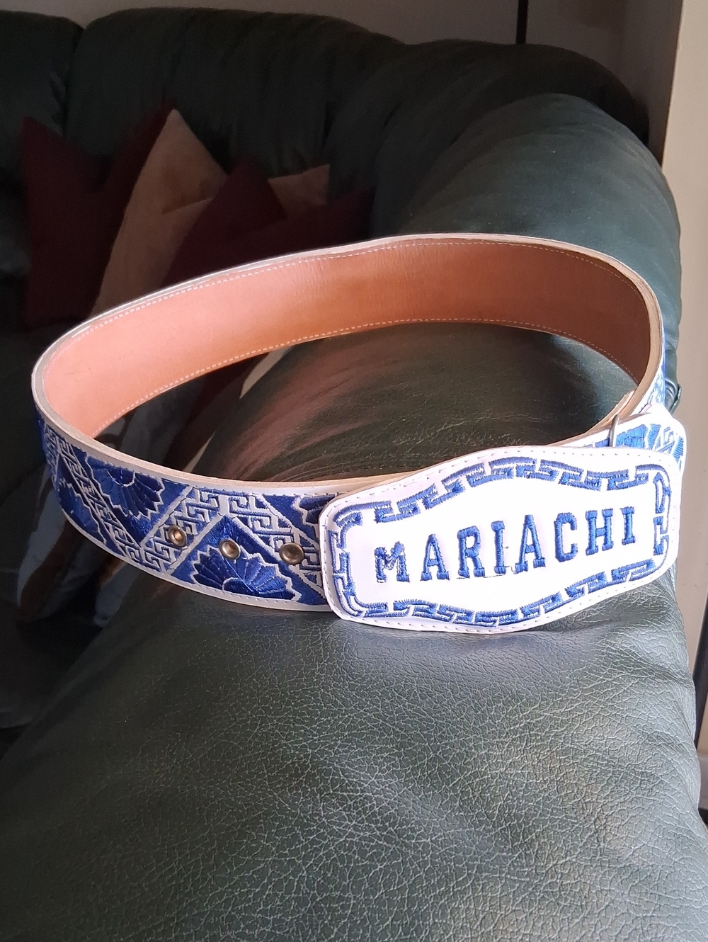 Mariachi Handcrafted Embroidered Leather Belt in Blue and White. Great Cond.
